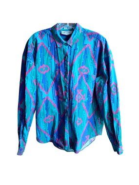 Vintage Southwestern Cowgirl Top Large 1992 Geometric Aztec Teal Pink Cotton 90s